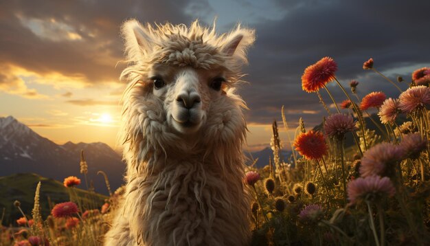 Alpaca fofa pastando em um prado apreciando o belo pôr do sol gerado pela inteligência artificial