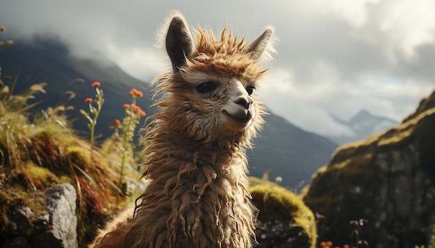 Foto grátis alpaca fofa pastando em um prado verde cercado por montanhas geradas por inteligência artificial