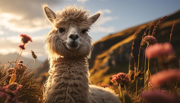 Foto grátis alpaca fofa pastando na grama apreciando o pôr do sol rural gerado pela inteligência artificial