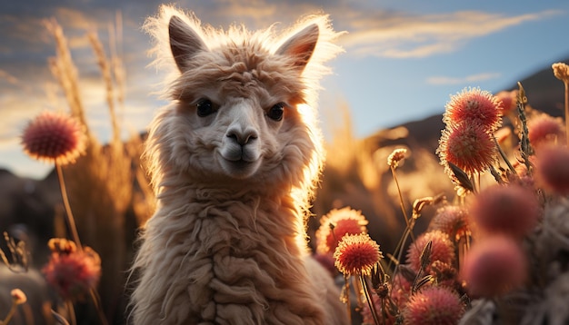 Foto grátis alpaca fofa pastando no prado olhando para a câmera pelo fofo gerado pela inteligência artificial