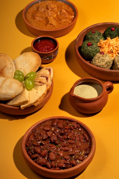 Foto grátis alto ângulo comida deliciosa na mesa natureza morta