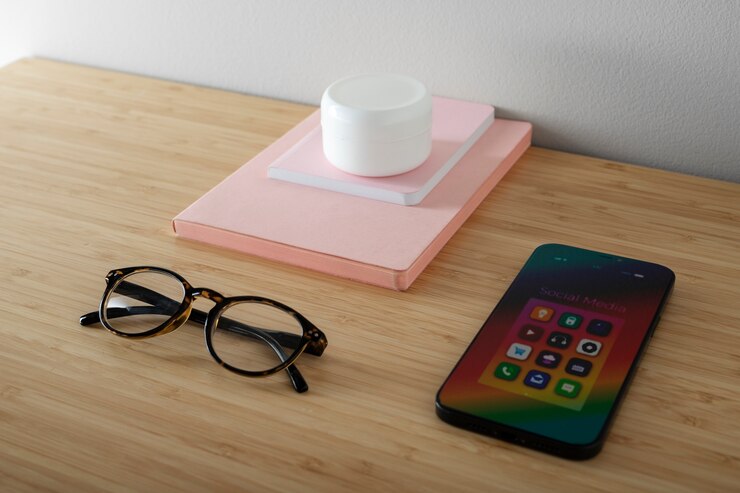 Foto grátis alto ângulo de smartphone na mesa com óculos