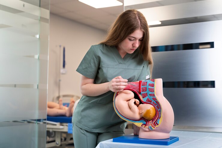 Foto grátis aluna praticando medicina