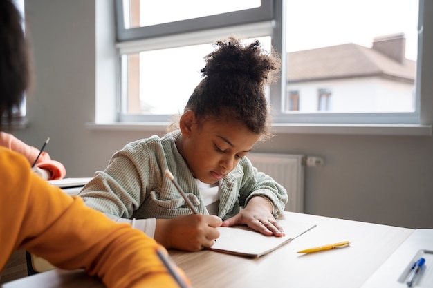 Alunos aprendendo na escola em sua sala de aula