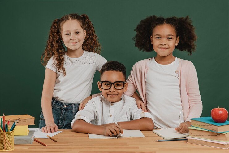 Foto grátis alunos de frente para a escola posando juntos