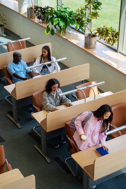 Alunos estudando juntos alto ângulo