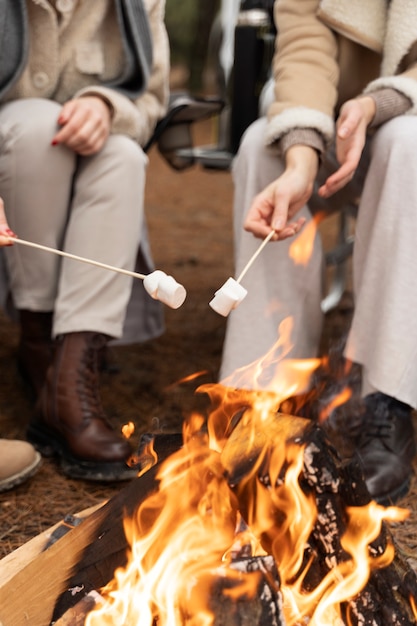 Amigas assando marshmallows usando uma fogueira