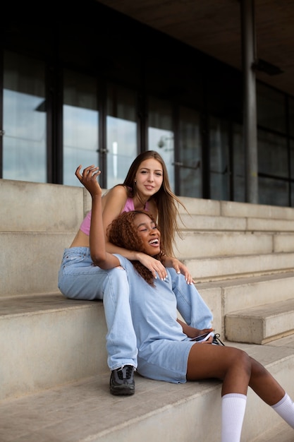 Foto grátis amigos adolescentes ao ar livre se divertindo juntos