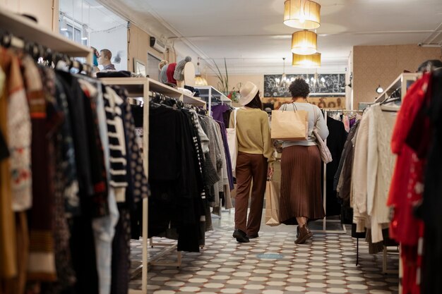 Amigos às compras no mercado de segunda mão