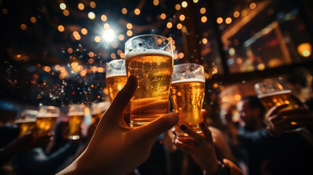 Amigos brindando com copos de cerveja capturados em uma cena de festa animada