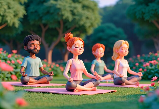 Amigos de desenho animado a meditar.