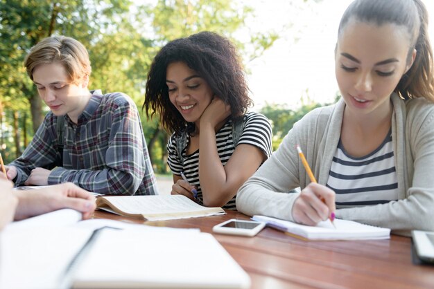 Amigos de jovens felizes sentado e estudando ao ar livre