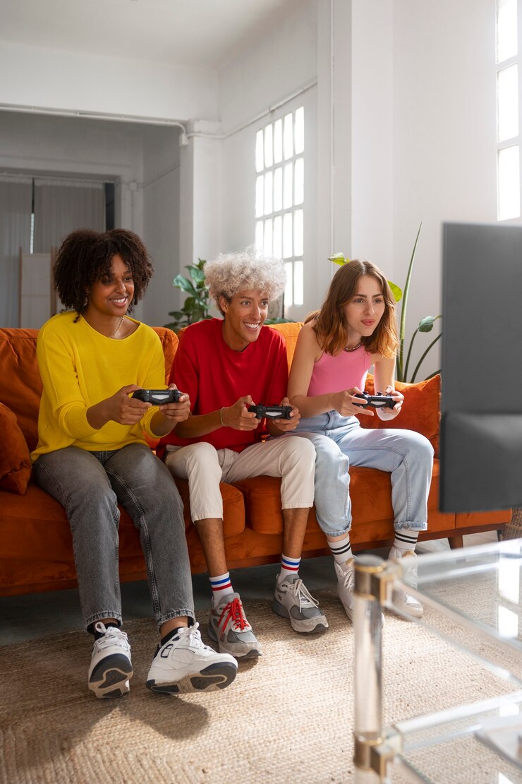 Foto grátis amigos de tiro completo jogando videogame