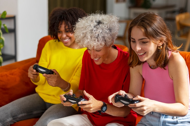 Foto grátis amigos de tiro médio jogando videogame