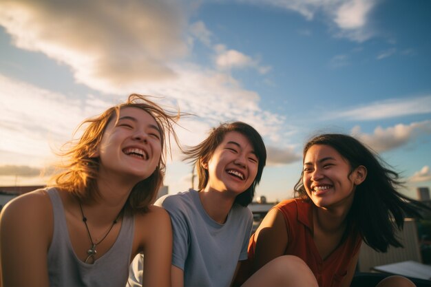 Amigos de tiro médio passando tempo ao ar livre