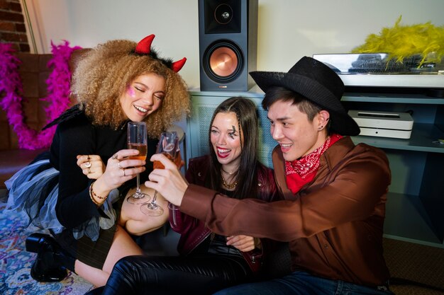 Amigos de tiro médio tinindo bebidas