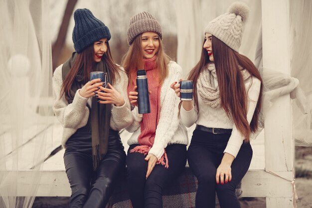 Amigos em um parque de inverno. Meninas com chapéus de malha. Mulheres com garrafa térmica e chá.