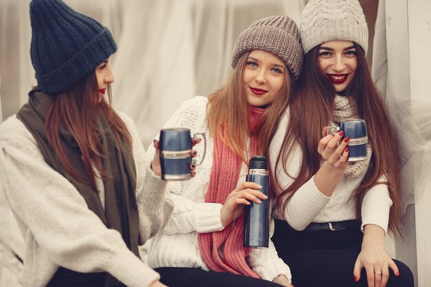 Amigos em um parque de inverno. Meninas com chapéus de malha. Mulheres com garrafa térmica e chá.