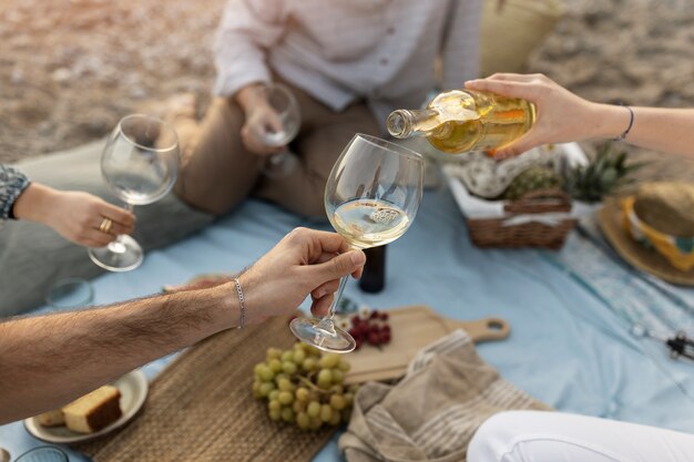 Amigos na praia com vinho e uvas