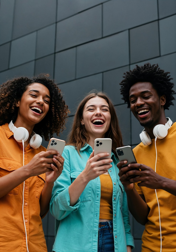 Foto grátis amigos rindo enquanto usam smartphones ao ar livre