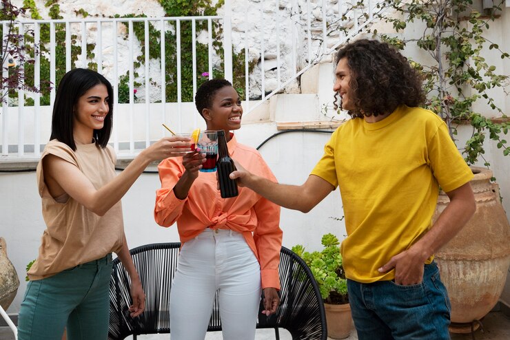 Foto grátis amigos sorridentes de tiro médio com bebidas