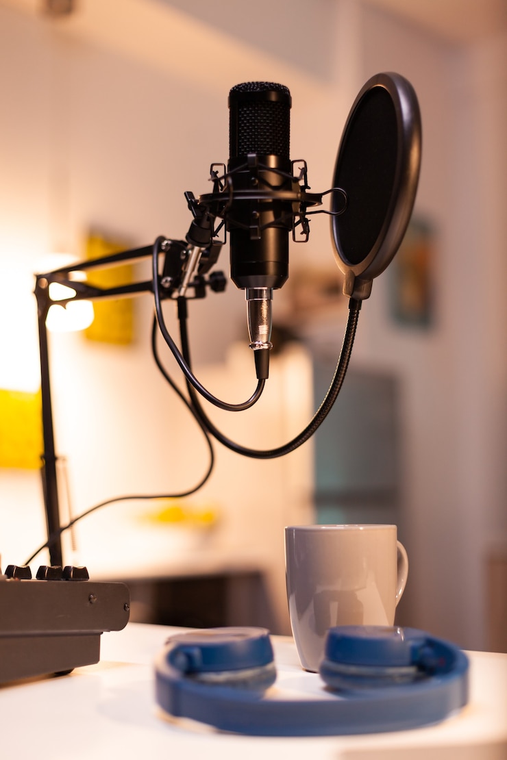 Foto grátis ampliação do microfone profissional no vlogger home studio