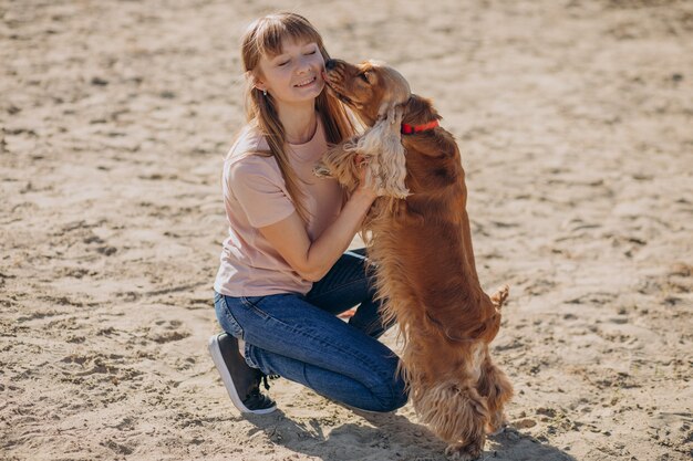 Andador de animais passeando com cocker spaniel