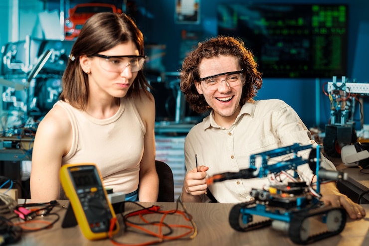 Foto grátis animado jovem e mulher em óculos de proteção fazendo experimentos em robótica em um laboratório