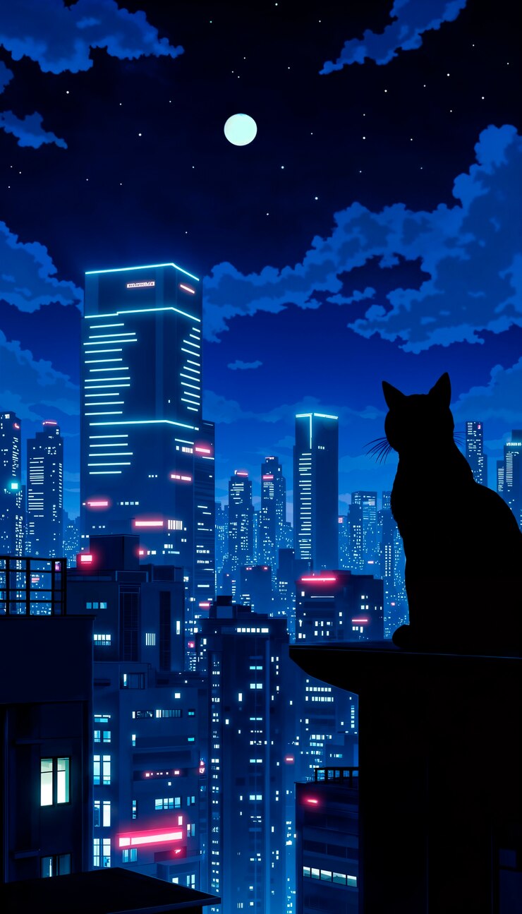 Foto grátis anime cidade noturna com um gato