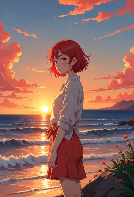 Anime como ilustração de menina ao lado do mar