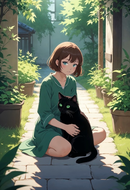 Anime como ilustração de menina com gatinho