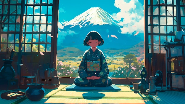 Foto grátis anime style character meditating and contemplating mindfulness