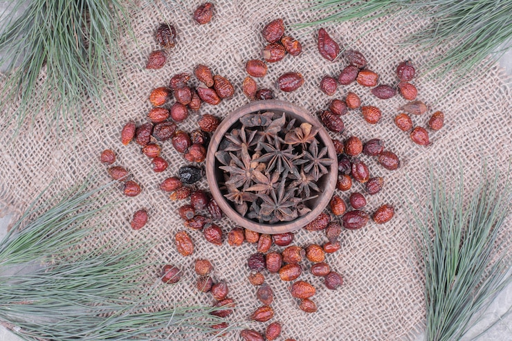 Foto grátis anis em um copo de madeira com quadris secos ao redor.