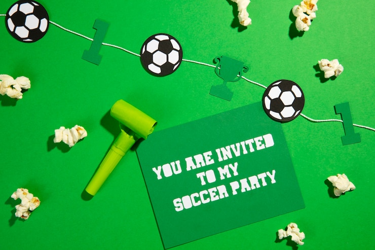 Foto grátis aniversário de futebol com decorações planas lay