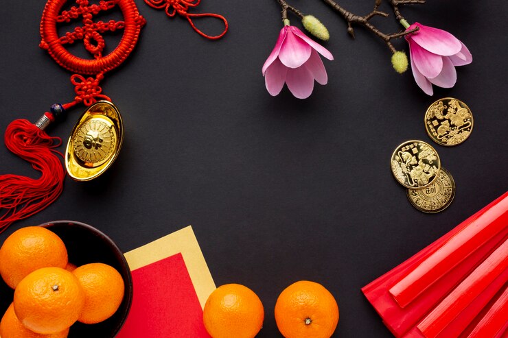 Foto grátis ano novo chinês de magnólia e tangerinas
