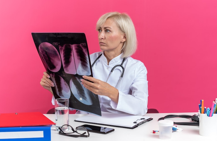 Foto grátis ansiosa médica adulta com manto médico com estetoscópio sentada na mesa com ferramentas de escritório segurando o resultado do raio-x e olhando para o lado isolado na parede rosa com espaço de cópia