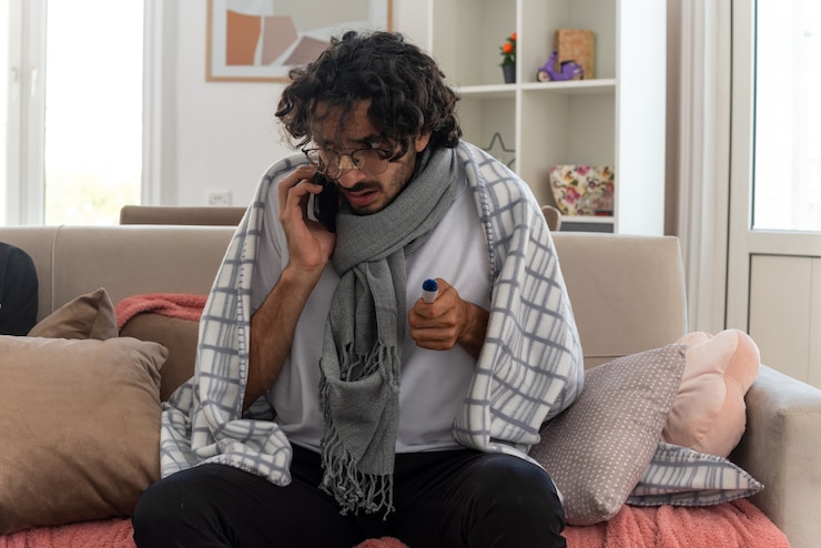 Foto grátis ansioso, jovem, doente, caucasiano, em, óculos ópticos, embrulhado, em, xadrez, com, lenço em volta do pescoço, falando no telefone e segurando um termômetro sentado no sofá da sala de estar