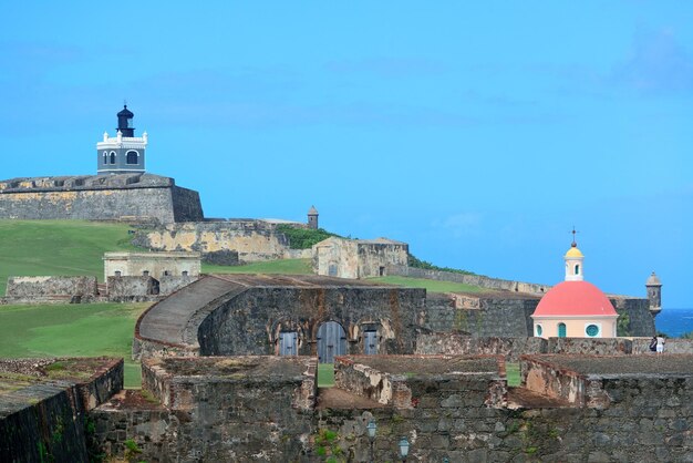 Antiga vista para o mar de San Juan com edifícios