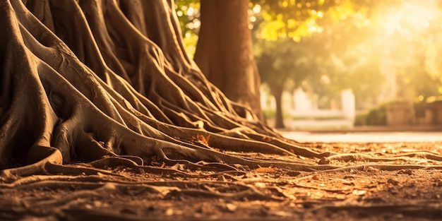 Foto grátis antigas raízes de árvores espalham-se pela terra, um testemunho do tempo num parque banhado pelo sol.