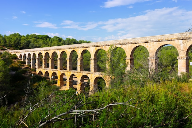 antigo aqueduto romano na floresta do verão. Tarragona,