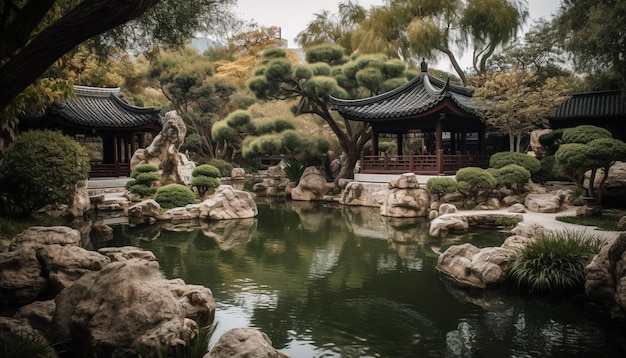 Antigo pagode reflete beleza em lago tranquilo gerado por IA