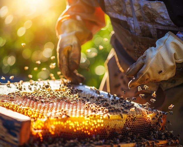 Apicultor a trabalhar numa quinta de abelhas