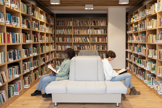 Foto grátis aprendizagem em grupo de estudo na biblioteca