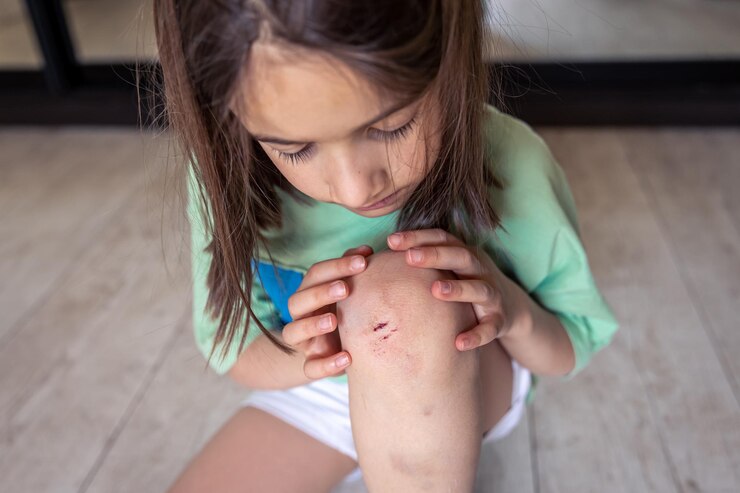 Foto grátis aproximação de uma garotinha segurando seu joelho machucado e machucado com as mãos