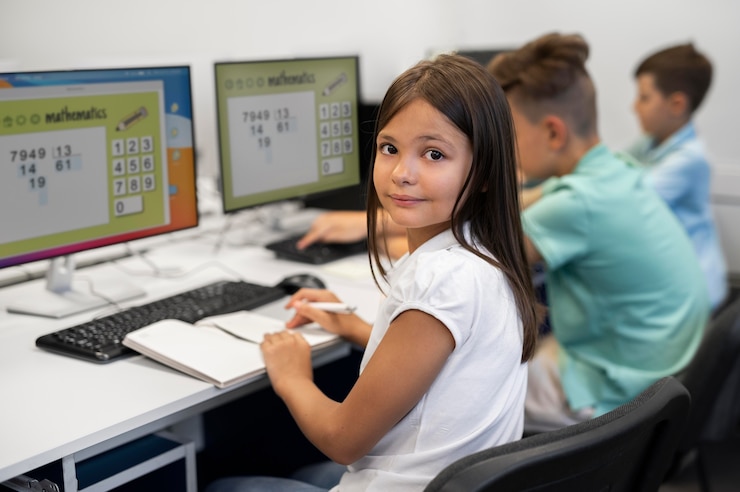 Foto grátis aproxime-se da criança durante uma aula de educação de tecnologia
