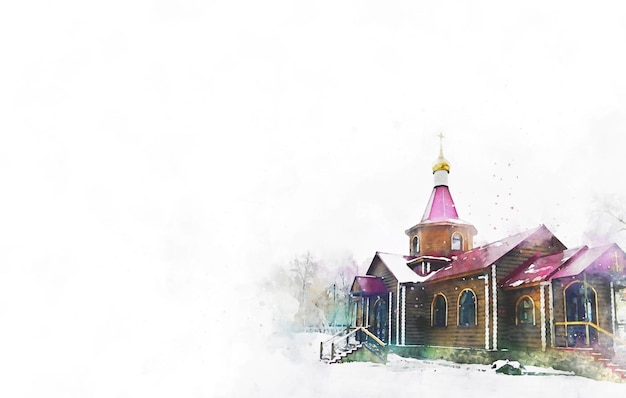 Aquarela igreja ortodoxa russa torre do sino da igreja de madeira natal cartão do domingo de ramos da páscoa