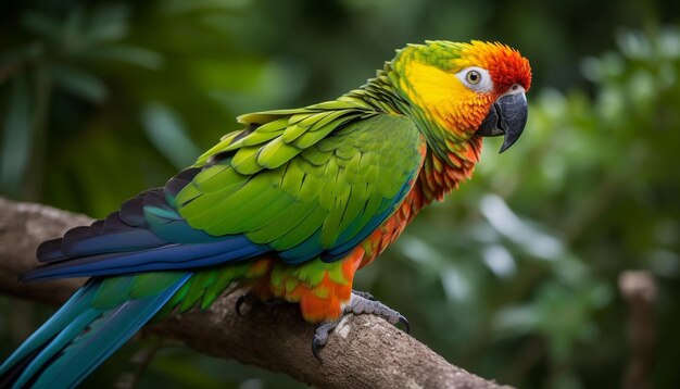 Arara vibrante empoleirada em galho na floresta tropical gerada por IA