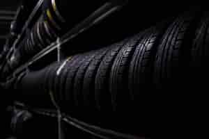 Foto grátis armazenamento escuro cheio ou grande variedade de pneus novos em armazém movimentado.