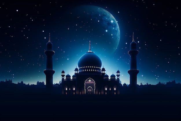 Arquitetura do edifício da mesquita à noite com lua