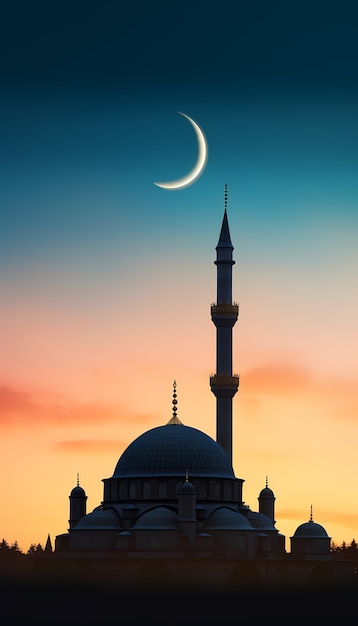 Arquitetura do edifício da mesquita com lua crescente